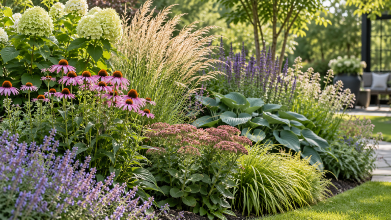 Kleurrijke tuinborder met vaste planten, siergrassen en groene beplanting