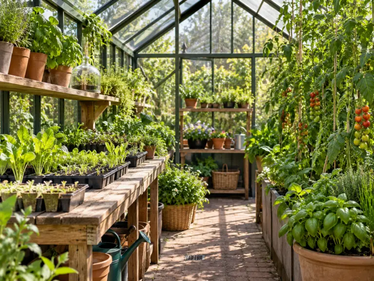 Glazen kas met tomatenplanten, kruiden, jonge planten en houten werkbanken