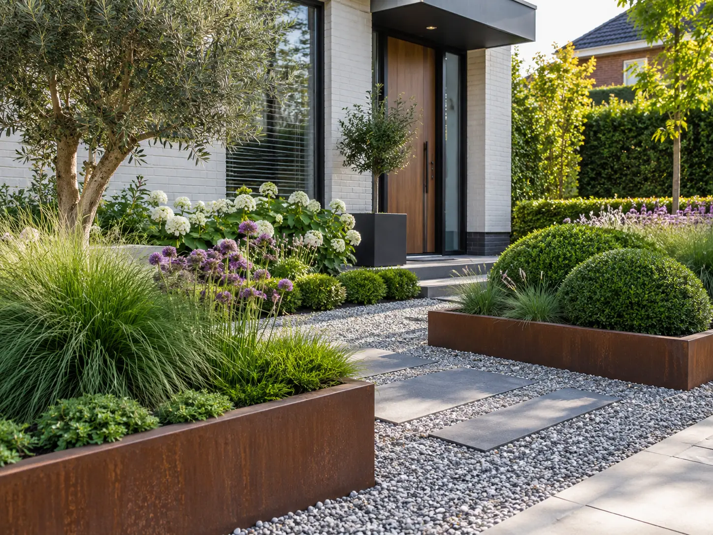 Moderne voortuin met siergrassen, hortensia’s, grind en strakke plantenbakken