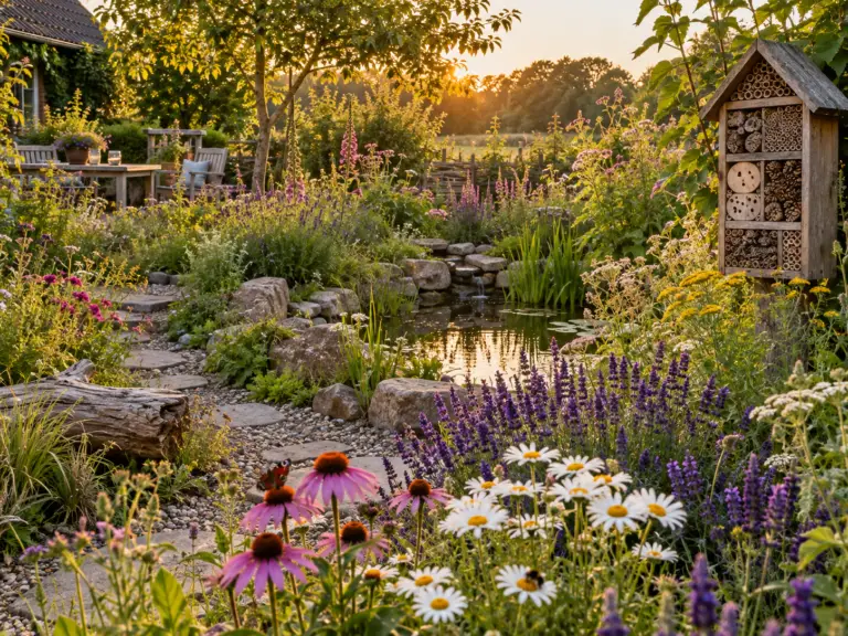 Bloeiende natuurlijke tuin met kleine vijver, insectenhotel en kleurrijke beplanting
