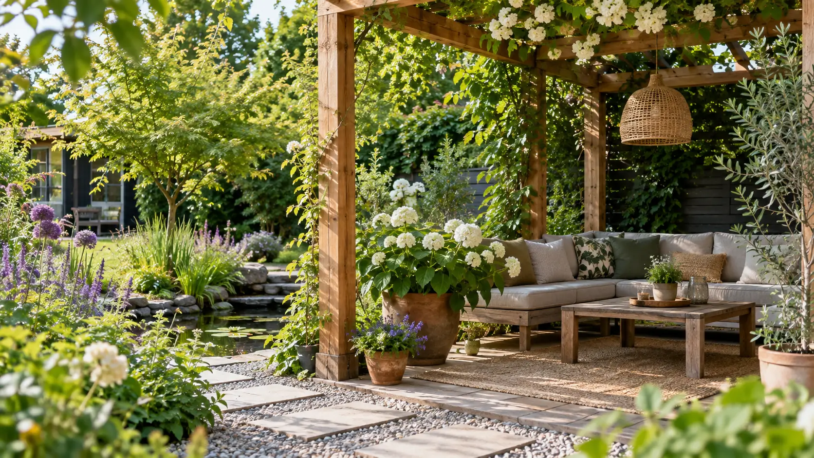 Houten pergola met zithoek, bloemen, groen en een natuurlijke tuinomgeving