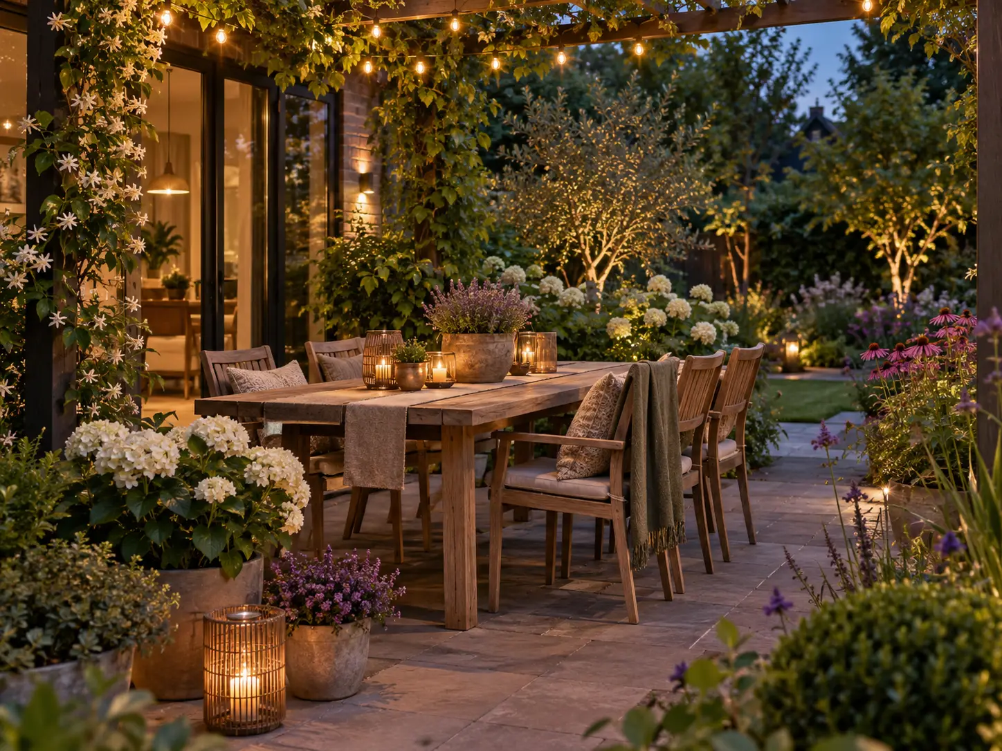 Gezellig tuinterras met houten eettafel, bloemen, verlichting en groene beplanting