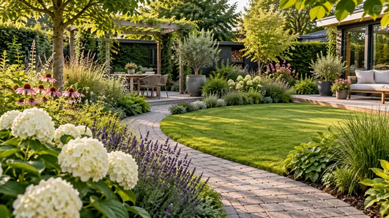 Groene tuin met bloeiende planten, gazon, tuinpad en terras