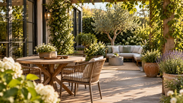 Sfeervol houten terras met tuinmeubilair, planten en bloeiende borders