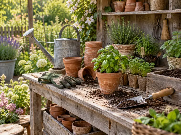 Rustieke tuinwerkplek met kruiden, terracotta potten, gieter en tuingereedschap